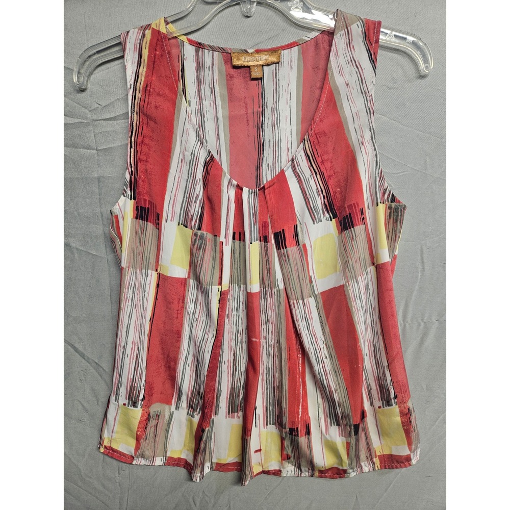 Ellen Tracy Womens Red Yellow Abstract Geometric Pleated V-Neck Blouse Small